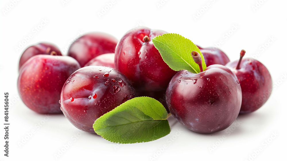 A cluster of ripe, plum-colored plums neatly arranged on a pristine white surface. Ai generated A cluster of ripe, plum-colored plums neatly arranged on a pristine white surface. Ai generated