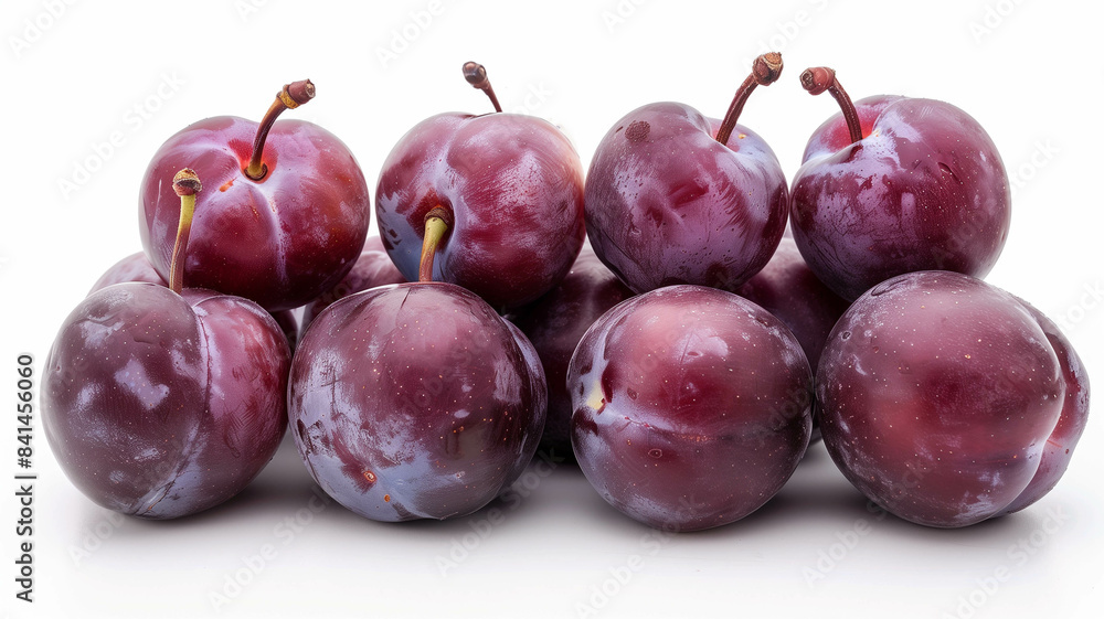 A cluster of ripe, plum-colored plums neatly arranged on a pristine white surface. Ai generated A cluster of ripe, plum-colored plums neatly arranged on a pristine white surface. Ai generated