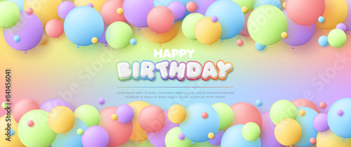 3D Happy birthday with colorful balloon on rainbow background for kids zone, children's ball playroom, baby birthday party event, kid sale banner, flyer, advertising, social media, backdrop, wallpaper