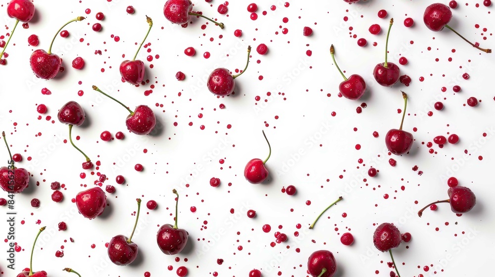 Fresh red cherries scattered on a white background. Perfect for food styling, summer themes, and healthy eating concepts. Fresh red cherries scattered on a white background. Perfect for food styling, summer themes, and healthy eating concepts.