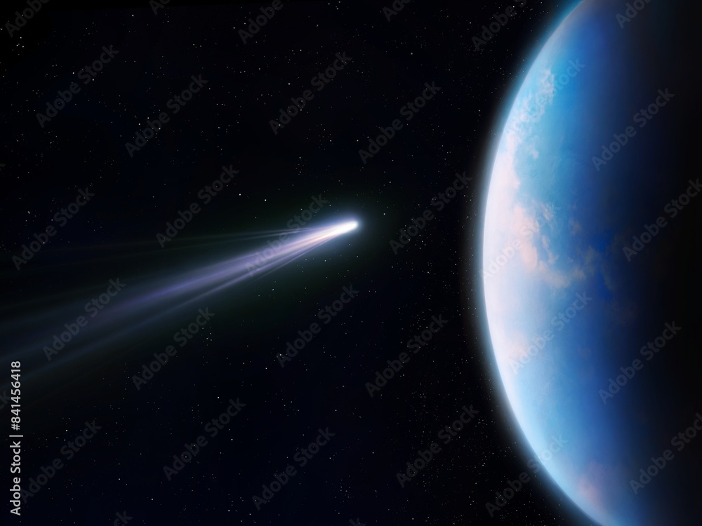 A comet is approaching Earth. Celestial body against the background of a blue planet. An asteroid may collide with a planet. A comet is approaching Earth. Celestial body against the background of a blue planet. An asteroid may collide with a planet.