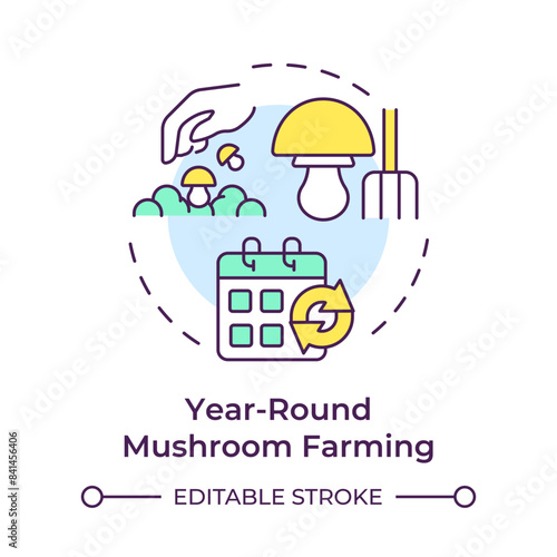 Year-round mushroom farming multi color concept icon. Mushroom cultivation benefit. Short growth cycle. Round shape line illustration. Abstract idea. Graphic design. Easy to use in article