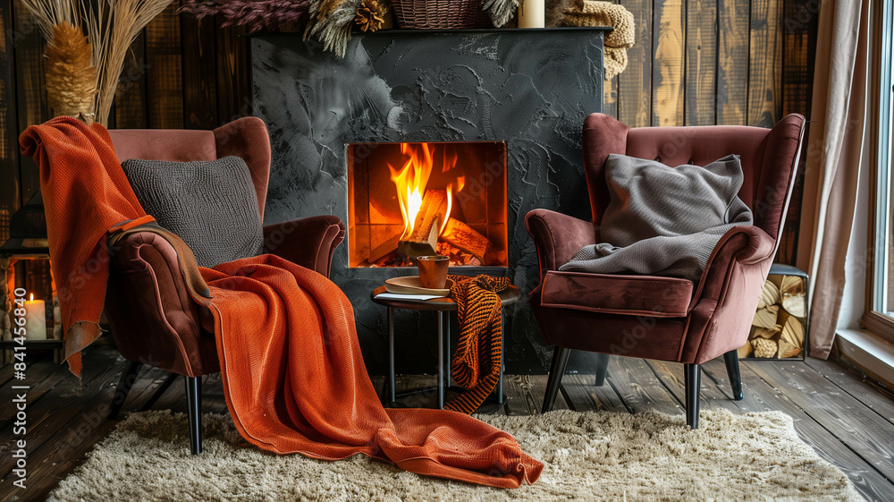Fototapeta premium A cozy fireplace with two armchairs placed nearby, adorned with plush blankets and pillows, perfect for a romantic evening in. Ai generated