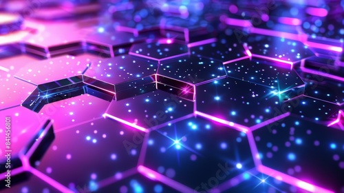  high-tech digital backdrop showcasing a glowing neon hexagonal grid in shades of purple and blue, ideal for presentations on blockchain or network technology.