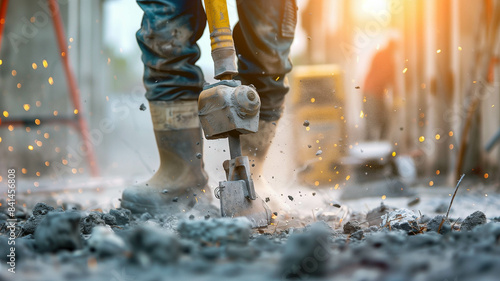 A construction worker using a jackhammer on a concrete surface, surrounded by construction materials. Ai generated