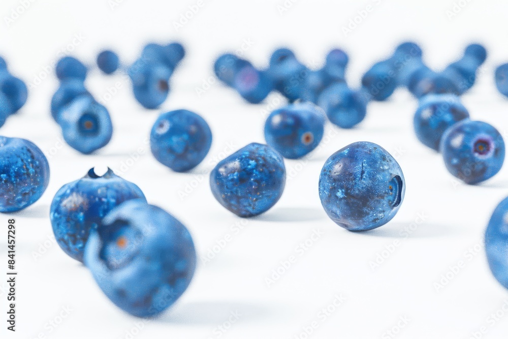 Fresh blueberries scattered on white surface, vibrant colors, healthy and organic, perfect for snacking, high resolution macro shot Fresh blueberries scattered on white surface, vibrant colors, healthy and organic, perfect for snacking, high resolution macro shot