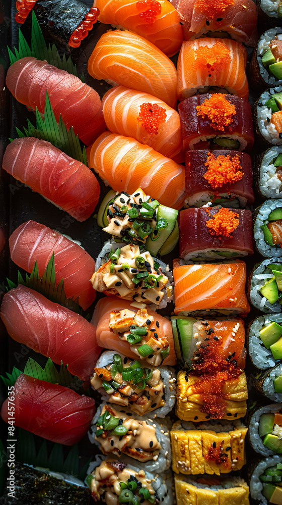 Camera overhead shooting of a variety of rich sushi Camera overhead shooting of a variety of rich sushi