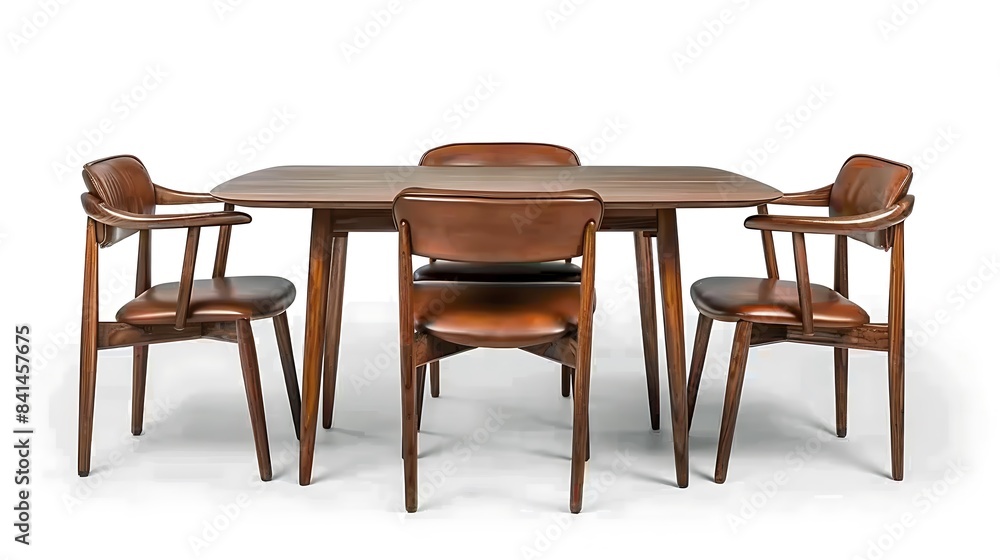 A dining table with matching chairs The chairs have a wooden frame and leather seats A dining table with matching chairs The chairs have a wooden frame and leather seats