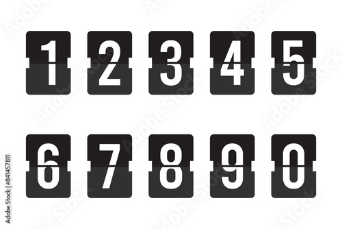 Countdown number set. Flip clock. 0 - 9 Numbers in flip clock and countdown counter style. Clocks or mechanical scoreboard panel template.