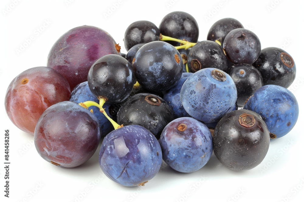 Fototapeta premium Assorted fresh plums on a white background, vibrant colors, healthy and organic, perfect for snacking, high resolution photography