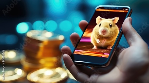 Hamster kombat game on cryptocurrency mining, concept of mini games on cryptocurrency earning photo