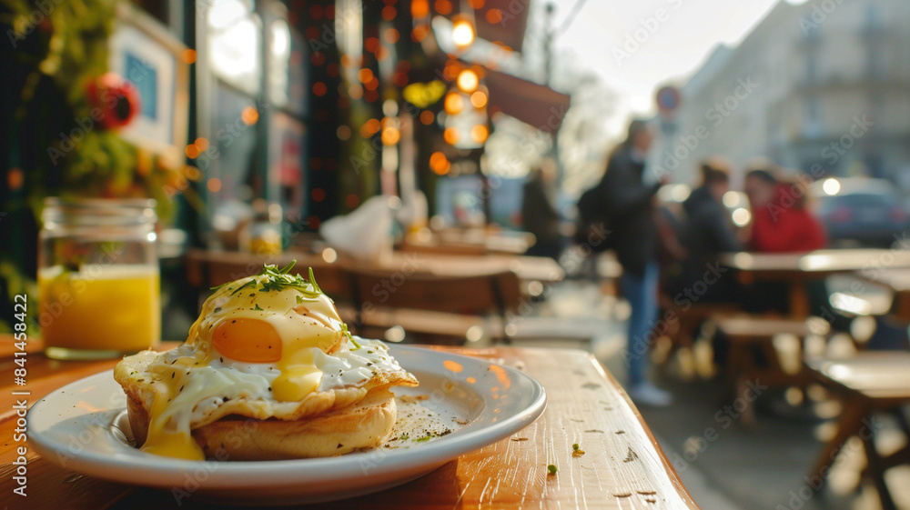 Fototapeta premium Egg Benedict served at an outdoor café, with people enjoying their meals and a street view in the background. Ai generated