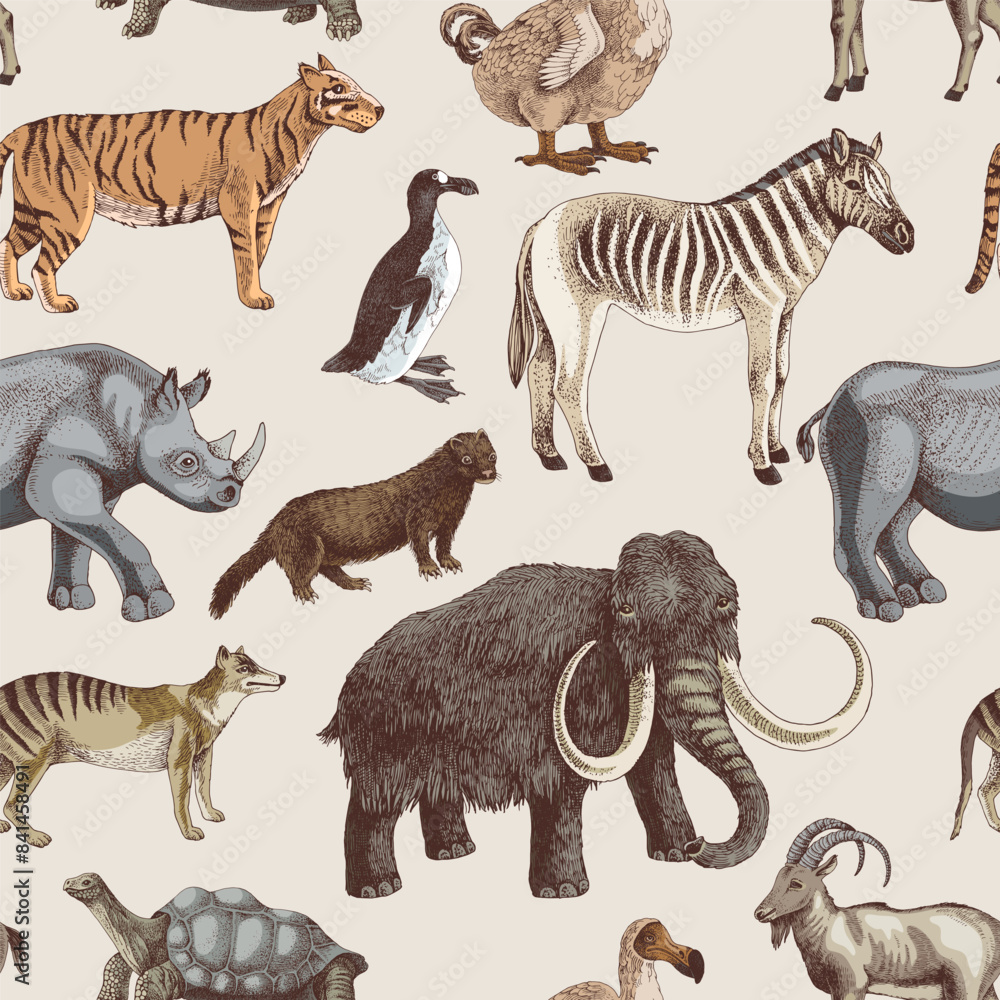 Naklejka premium Seamless pattern with hand drawn extinct animals