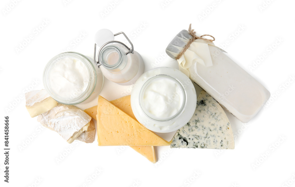Different fresh dairy products isolated on white, top view Different fresh dairy products isolated on white, top view