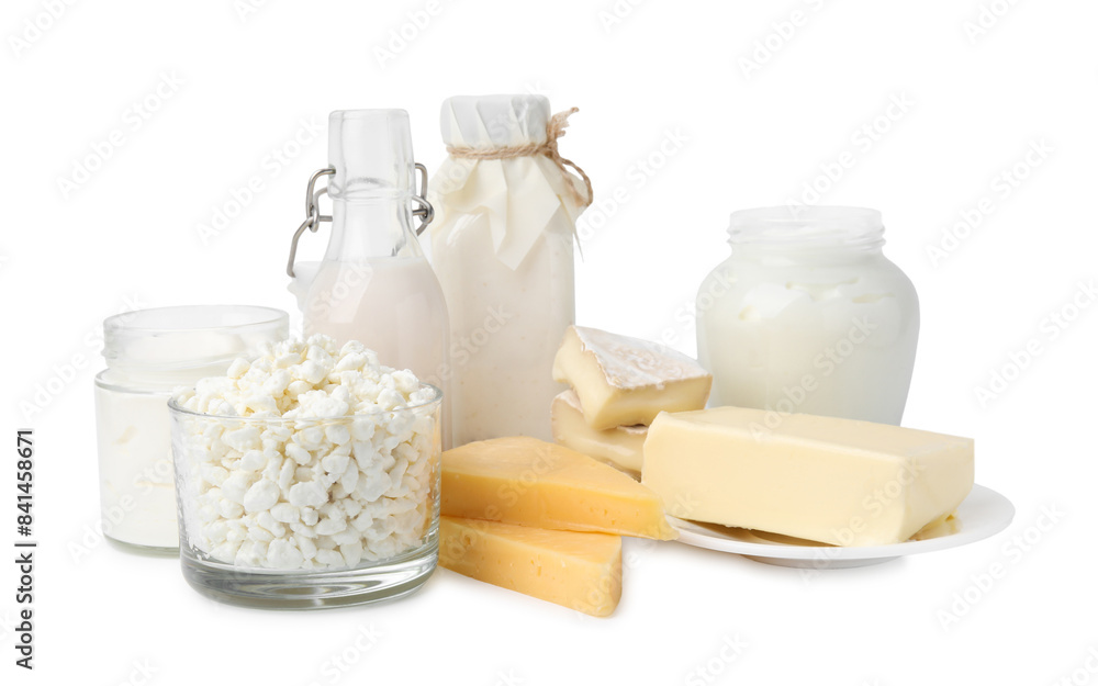 Different fresh dairy products isolated on white Different fresh dairy products isolated on white