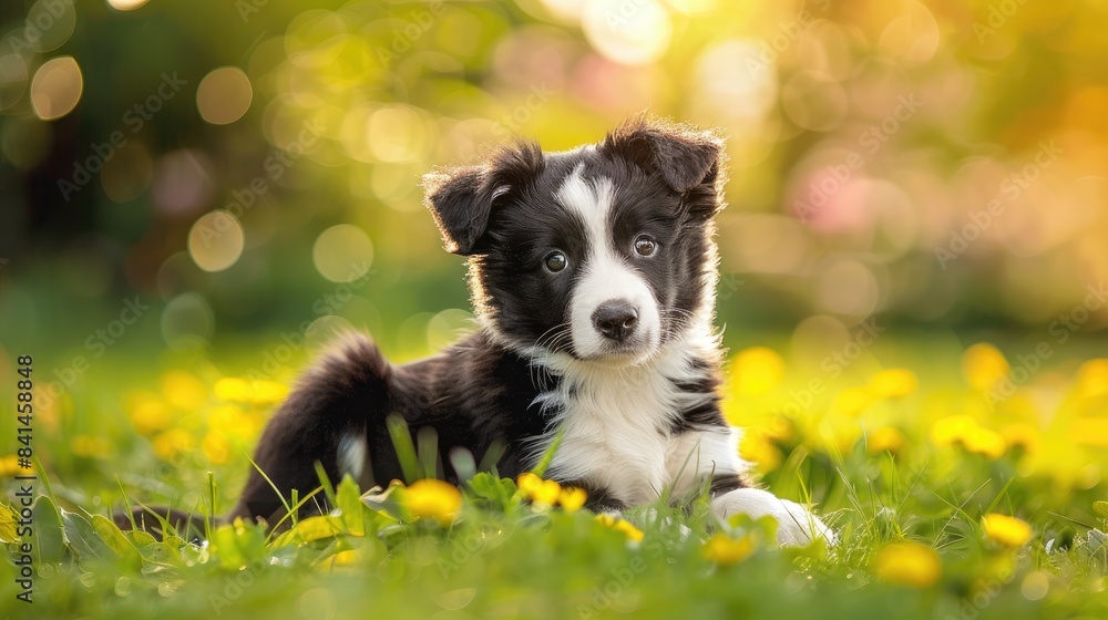 Cute Border Collie Puppy Poses Outdoors in Summer Setting Cute Border Collie Puppy Poses Outdoors in Summer Setting