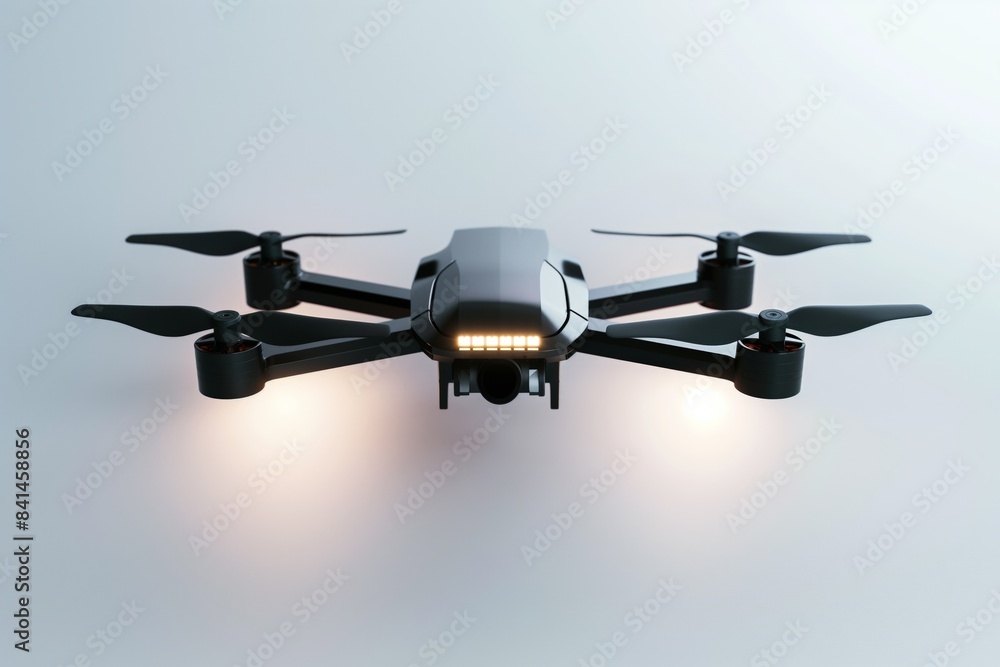 Sleek and modern black drone hovers in a bright studio, its led lights illuminated, showcasing its advanced technology and capabilities Sleek and modern black drone hovers in a bright studio, its led lights illuminated, showcasing its advanced technology and capabilities
