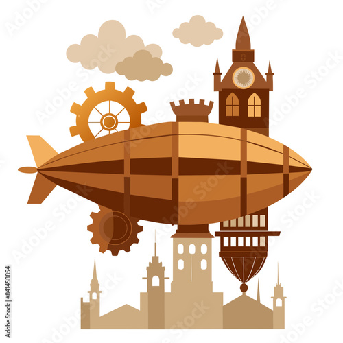 steampunk airship flying over a Victorian-era city, with gears, cogs, and steam elements integrated into the design.

