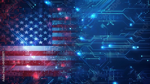 Digital American flag overlaying a futuristic blue circuit board, representing technology and innovation in the USA.