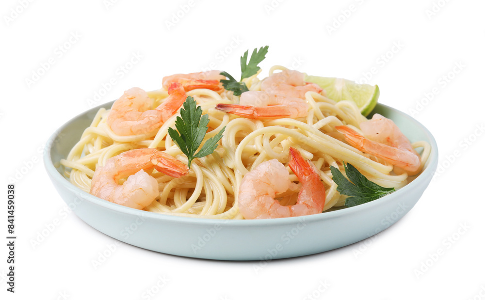 Tasty spaghetti with shrimps and parsley isolated on white Tasty spaghetti with shrimps and parsley isolated on white