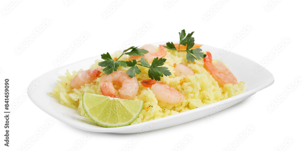 Delicious risotto with shrimps, lime and parsley isolated on white Delicious risotto with shrimps, lime and parsley isolated on white