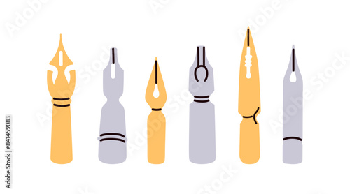 Nibs types for pen tool. Calligraphy, drawing and writing tips set, metal accessory for handwriting. Old traditional stationery, art supplies. Flat vector illustration isolated on white background