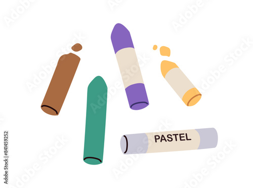 Oil pastel pencils, colored crayon sticks. Drawing tools, used art supplies. Painting stationery, accessories of different shades, colour. Flat vector illustration isolated on white background