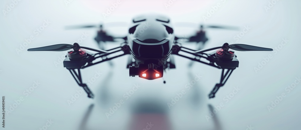 Sleek black drone hovers in place, its red lights glowing as it prepares for flight. This image evokes a sense of futuristic technology and innovation Sleek black drone hovers in place, its red lights glowing as it prepares for flight. This image evokes a sense of futuristic technology and innovation