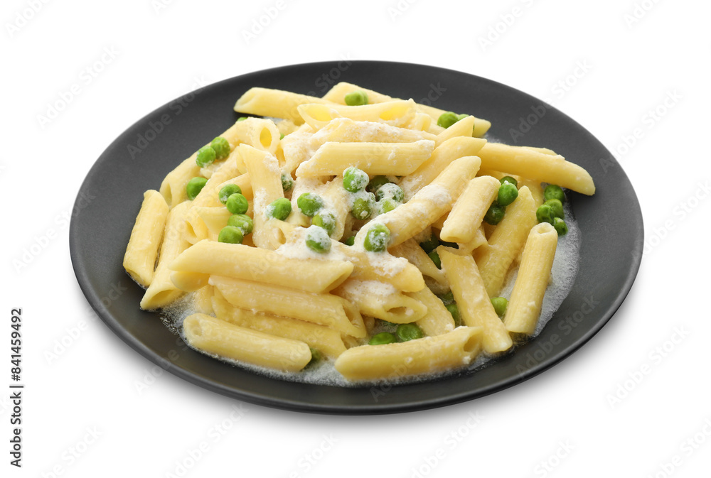 Delicious pasta with green peas and creamy sauce isolated on white Delicious pasta with green peas and creamy sauce isolated on white