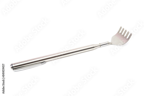 Portable stainless steel back scratcher can be extended and retracted isolated on white background.