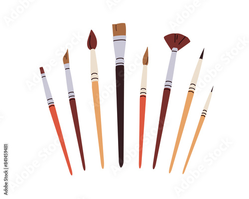 Paintbrushes kit for drawing and painting. Paint brushes collection, set. Art tools, stationery with different bristle types, shapes and sizes. Flat vector illustration isolated on white background