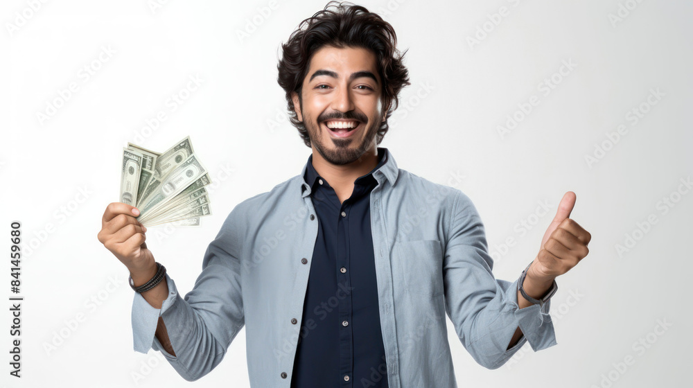 Smiling man holding cash in one hand and giving a thumbs-up with the other, wearing a casual outfit and standing against a plain white background. Smiling man holding cash in one hand and giving a thumbs-up with the other, wearing a casual outfit and standing against a plain white background.