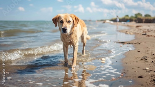 Beautiful dog walking on beach in sunny summer day. It is sea beach. Generative Ai