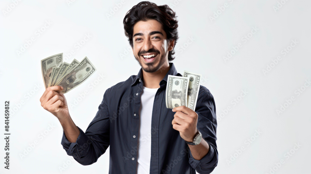Smiling man holding dollar bills, showing wealth and success. Isolated on white background, celebrating financial achievement. Smiling man holding dollar bills, showing wealth and success. Isolated on white background, celebrating financial achievement.
