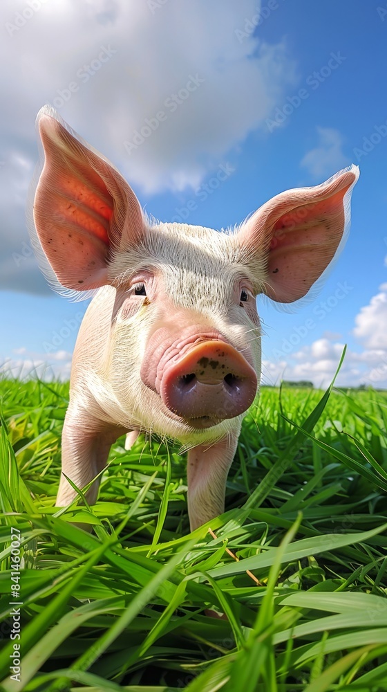 Close-up of a young piglet on a green field under a blue sky with clouds. Cute farm animal. Concept of livestock, agriculture, nature, countryside life, pink pig Close-up of a young piglet on a green field under a blue sky with clouds. Cute farm animal. Concept of livestock, agriculture, nature, countryside life, pink pig
