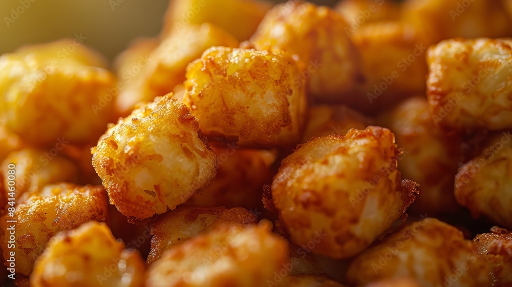 A tater tots close up, food design, dynamic, dramatic compositions, with copy space. A tater tots close up, food design, dynamic, dramatic compositions, with copy space.