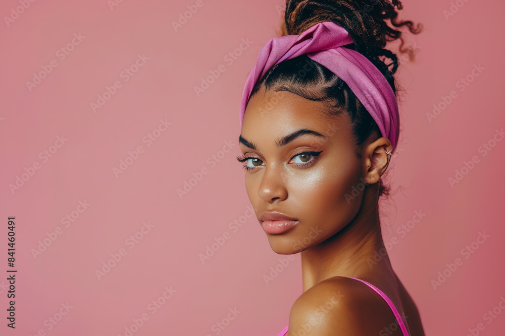 
In a creative portrait studio setup against a vibrant pink background, a young attractive woman poses gracefully