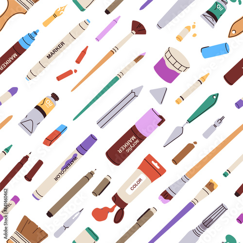 Art and craft supplies, seamless pattern. Creative tools, brushes, paint tube...