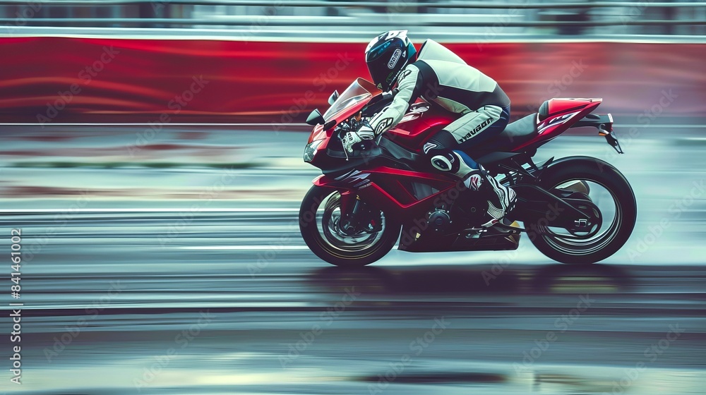 Fototapeta premium Speeding motorcycle racer in full gear on high-performance bike on a racetrack. Concept of speed, motorsport, racing competition, thrill