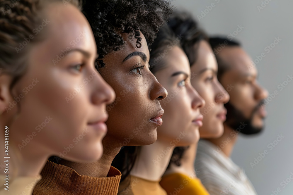 Fototapeta premium In profile view, a diverse group of individuals stands together, symbolizing multicultural unity