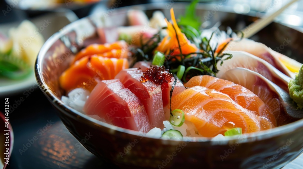 A bowl of chirashi sushi topped with assorted sashimi and wakame seaweed, served over a bed of seasoned sushi rice, a colorful and elegant meal A bowl of chirashi sushi topped with assorted sashimi and wakame seaweed, served over a bed of seasoned sushi rice, a colorful and elegant meal