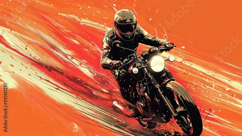 Digital art of a motorcyclist racing on a high-speed bike. Concept of motorsport  speed  adrenaline  dynamic art. Vibrant painting with abstract splashes