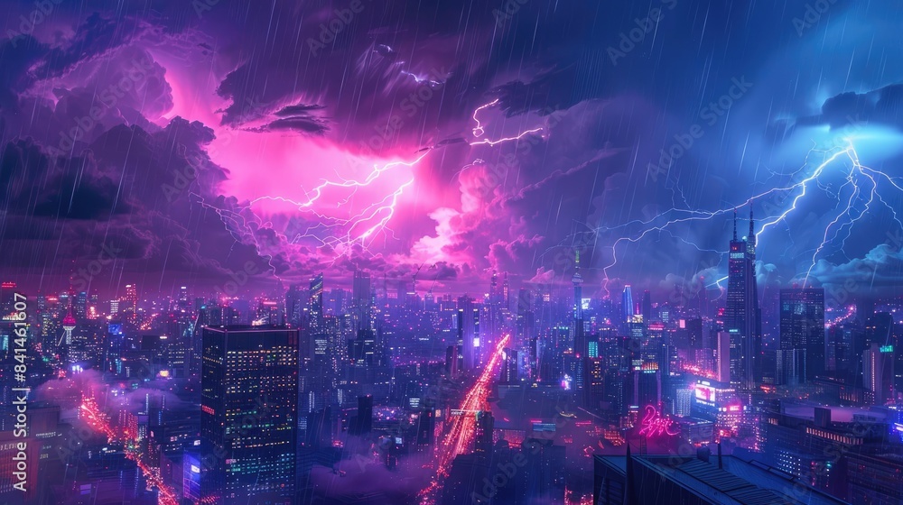 Fototapeta premium Neon Storm: A Cyberpunk Cityscape