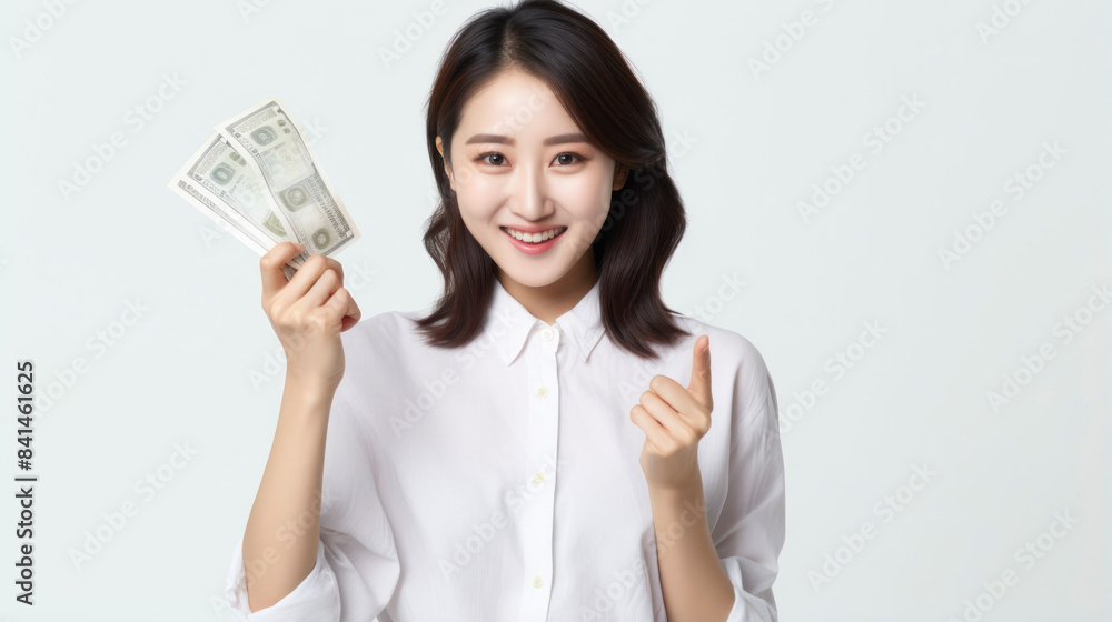 Smiling woman holding money and giving a thumbs-up gesture. Concept of success, financial freedom, and happiness. Smiling woman holding money and giving a thumbs-up gesture. Concept of success, financial freedom, and happiness.