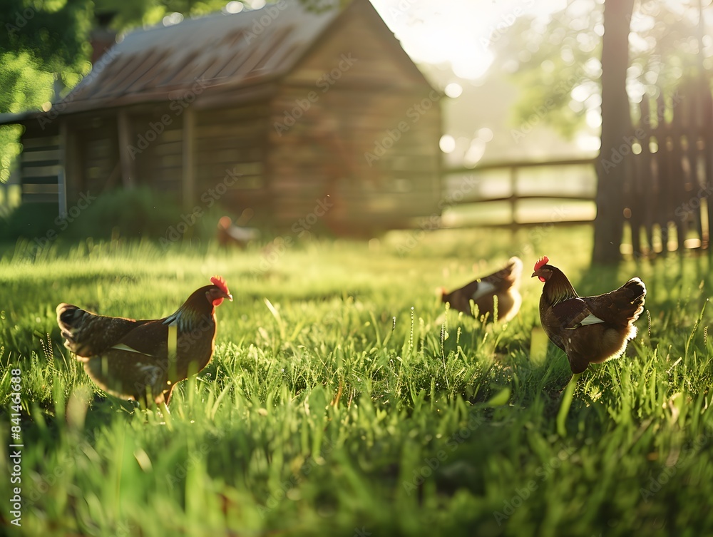 Fototapeta premium Three chickens are standing in a grassy field