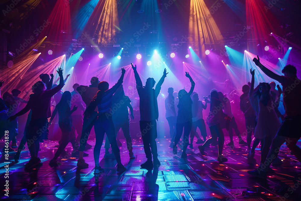 Under the vibrant glow of ultraviolet light, people are having fun in a club, dancing energetically on the stage Under the vibrant glow of ultraviolet light, people are having fun in a club, dancing energetically on the stage