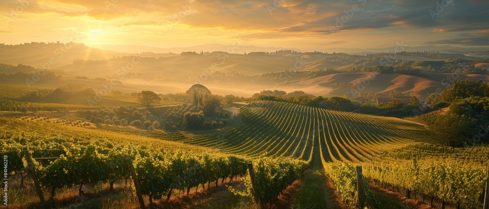Fototapeta premium Sunrise over the Tuscan countryside, illuminating the sprawling vineyards that blanket the hills. The early morning light bathes the landscape in a soft, warm glow, highlighting the rows of