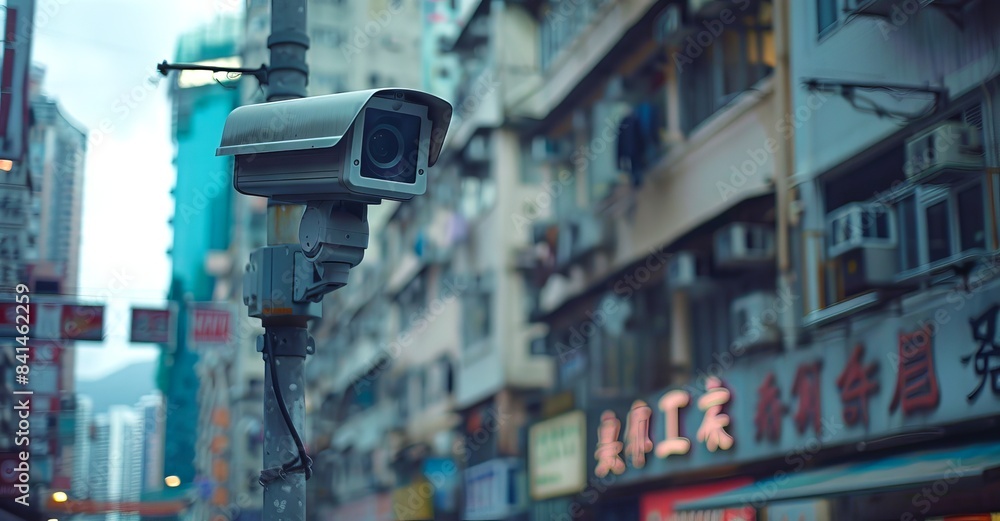 Security camera mounted on a pole in a busy city street. Surveillance camera monitoring urban area with buildings and signs. Security, urban surveillance, technology, city safety concept Security camera mounted on a pole in a busy city street. Surveillance camera monitoring urban area with buildings and signs. Security, urban surveillance, technology, city safety concept