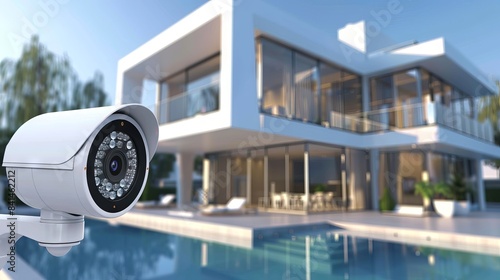 Modern security camera overlooking a luxurious villa. Smart home surveillance. Concept of home security, modern architecture, and high-tech protection © Jafree