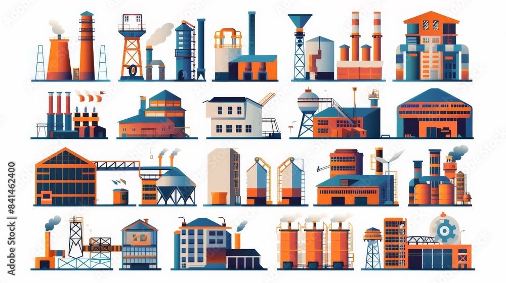 Detailed icons of heavy industry complexes, such as a foundry, a forge, and a metalworking shop, each with bold, metallic colors Detailed icons of heavy industry complexes, such as a foundry, a forge, and a metalworking shop, each with bold, metallic colors